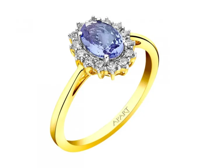 Pierścionek z żółtego złota z brylantami i tanzanitem - próba 585