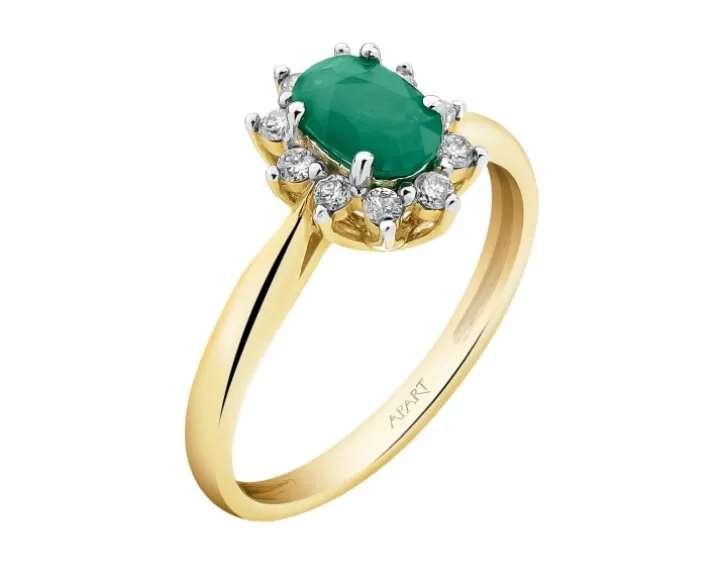 Pierścionek z żółtego złota z brylantami i szmaragdem - próba 585