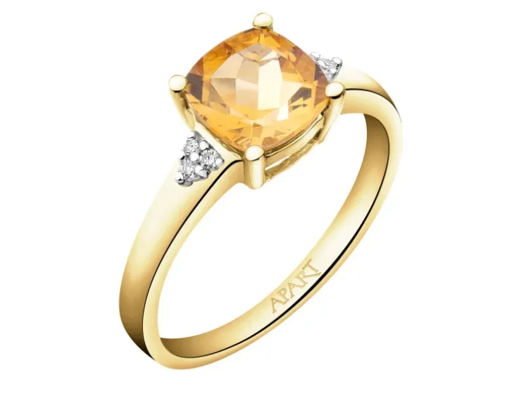 Pierścionek z żółtego złota z diamentami i cytrynem - próba 375