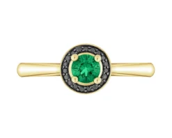 Pierścionek z żółtego złota z czarnymi brylantami i szmaragdem syntetycznym - próba 375