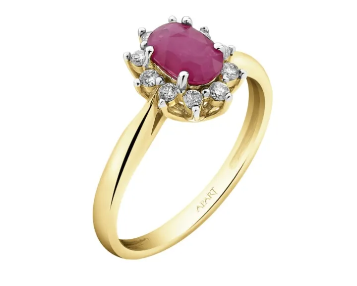 Pierścionek z żółtego złota z brylantami i rubinem - próba 585