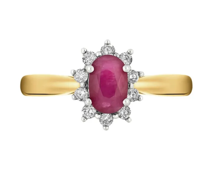 Pierścionek z żółtego złota z brylantami i rubinem - próba 585