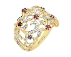 Pierścionek z żółtego złota z brylantami i rubinami - próba 585