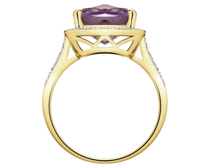 Pierścionek z żółtego złota z diamentami i ametystem - próba 585