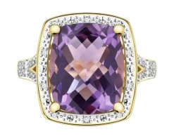 Pierścionek z żółtego złota z diamentami i ametystem - próba 585