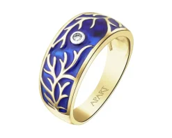 Pierścionek z żółtego złota z brylantem i emalią - 0,01 ct - próba 375