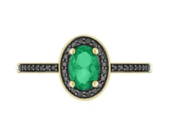 Pierścionek z żółtego złota z czarnymi brylantami i szmaragdem syntetycznym - próba 375