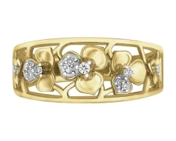 Pierścionek z żółtego złota z diamentami  - kwiaty - 0,05 ct - próba 585