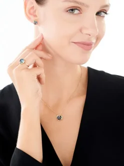 Pierścionek z żółtego złota z diamentami i topazem London Blue - próba 585