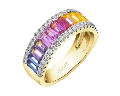 Pierścionek z żółtego złota z brylantami i szafirami kolorowymi - próba 585