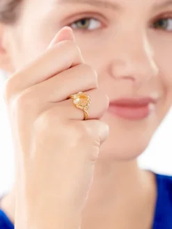 Pierścionek z żółtego złota z diamentami i cytrynem - liście - próba 585