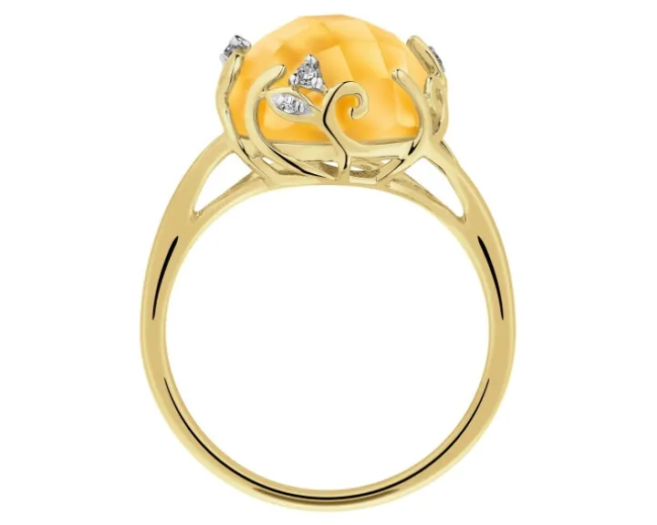 Pierścionek z żółtego złota z diamentami i cytrynem - liście - próba 585