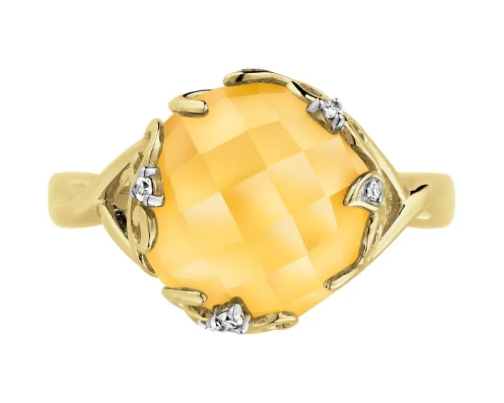 Pierścionek z żółtego złota z diamentami i cytrynem - liście - próba 585