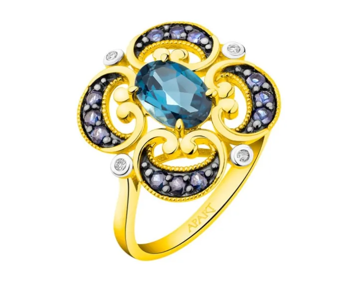 Pierścionek z żółtego złota z diamentami, szafirami i topazem London Blue - próba 585