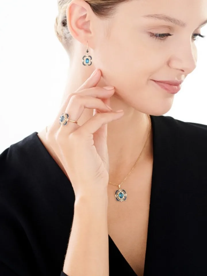 Pierścionek z żółtego złota z diamentami, szafirami i topazem London Blue - próba 585