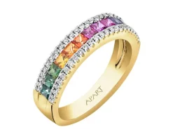Pierścionek z żółtego złota z brylantami i szafirami kolorowymi - próba 585