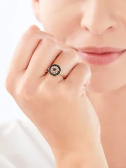 Pierścionek z żółtego złota z czarnymi diamentami - rozeta - 0,09 ct - próba 585