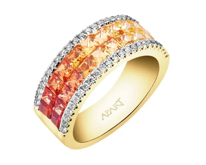 Pierścionek z żółtego złota z brylantami i szafirami kolorowymi - próba 585