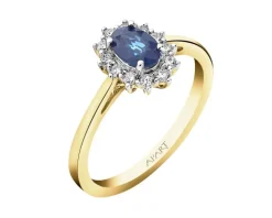 Pierścionek z żółtego złota z brylantami i szafirem - próba 585