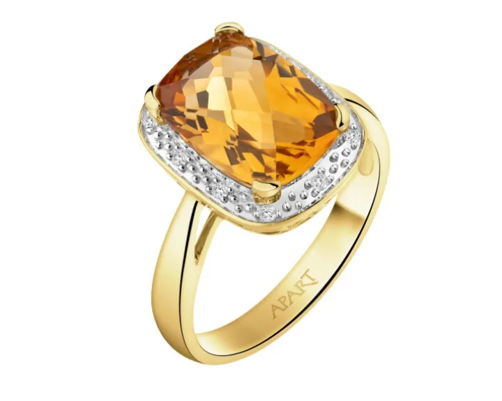 Pierścionek z żółtego złota z diamentami i cytrynem - próba 585