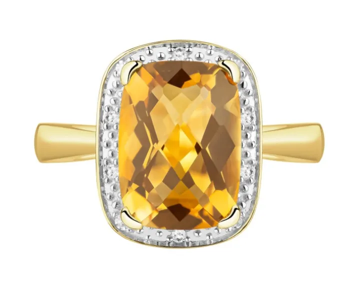 Pierścionek z żółtego złota z diamentami i cytrynem - próba 585