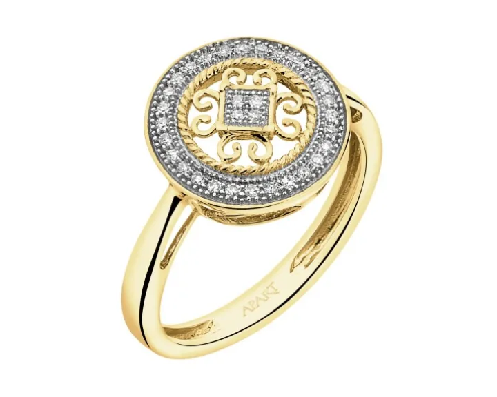 Pierścionek z żółtego złota z diamentem i rubinami syntetycznymi - próba 375