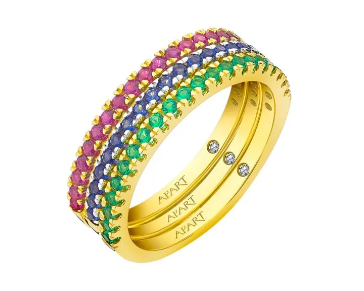 Pierścionek z żółtego złota z diamentem i rubinami syntetycznymi - próba 375