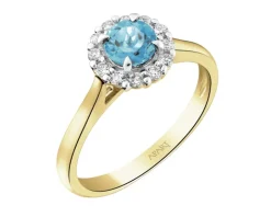 Pierścionek z żółtego złota z brylantami i topazem London Blue - próba 585