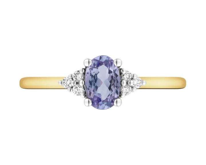 Pierścionek z żółtego złota z brylantami i tanzanitem - próba 585