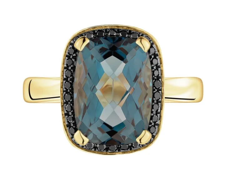 Pierścionek z żółtego złota z czarnymi brylantami i topazem London Blue - próba 585