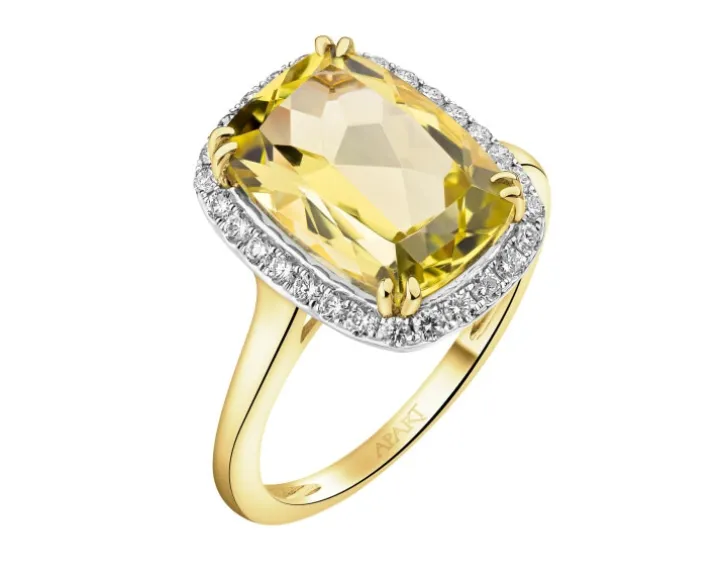 Pierścionek z żółtego złota z brylantami i kwarcem Lemon - próba 585