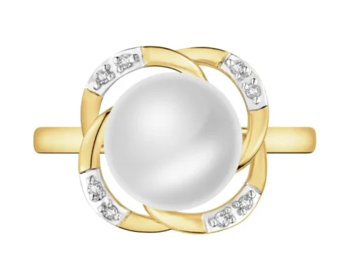 Pierścionek z żółtego złota z diamentami i perłą - próba 585