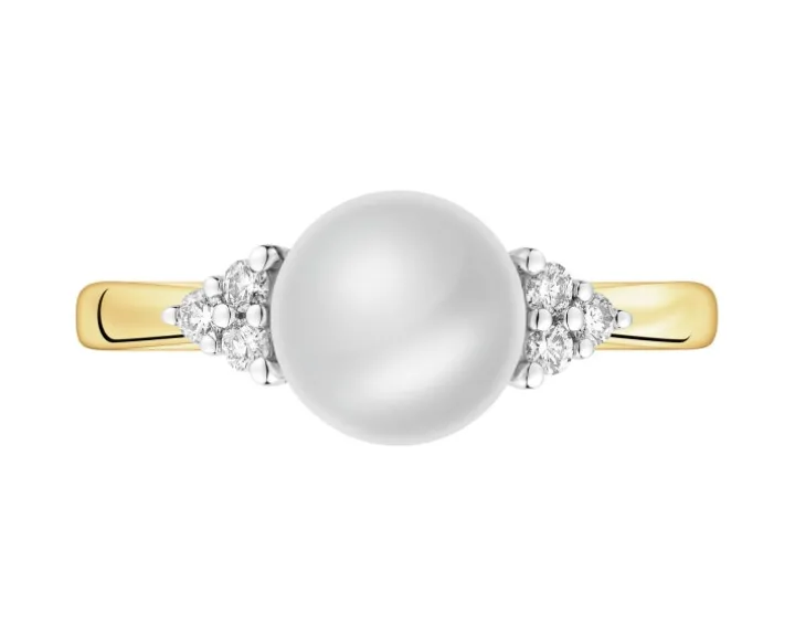 Pierścionek z żółtego złota z brylantami i perłą - próba 375