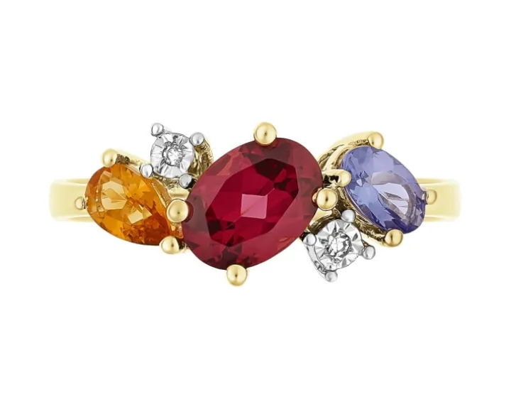 Pierścionek z żółtego złota z diamentami, kamieniami szlachetnymi i ozdobnymi - próba 375