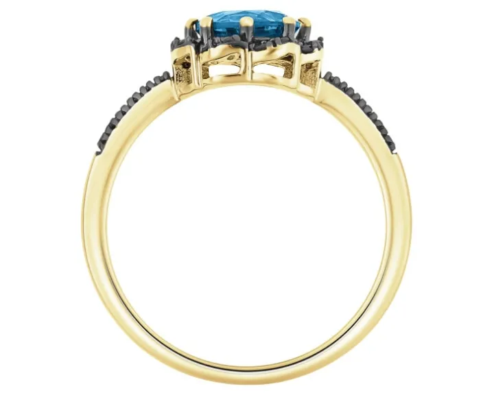 Pierścionek z żółtego złota z czarnymi brylantami i topazem London Blue - próba 585