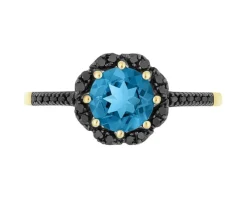 Pierścionek z żółtego złota z czarnymi brylantami i topazem London Blue - próba 585