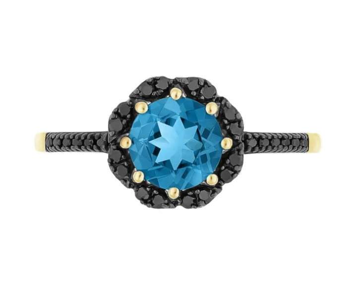 Pierścionek z żółtego złota z czarnymi brylantami i topazem London Blue - próba 585