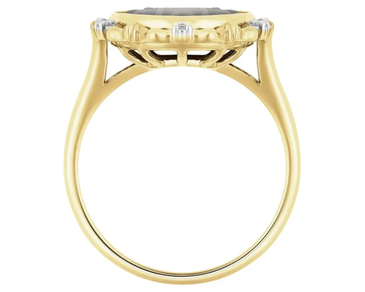 Pierścionek z żółtego złota z diamentami i agatem - kamea - próba 585