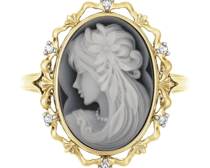 Pierścionek z żółtego złota z diamentami i agatem - kamea - próba 585