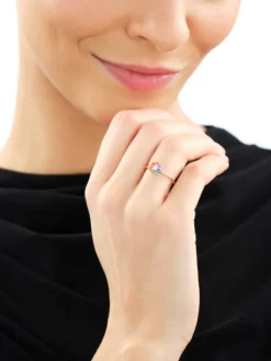 Pierścionek z żółtego złota z brylantem i szafirami kolorowymi - kwiat - próba 585