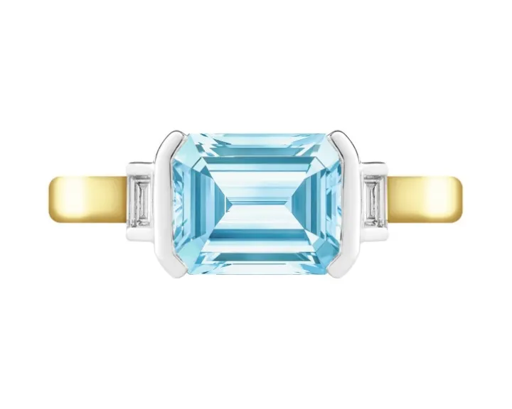 Pierścionek z żółtego złota z diamentami i akwamarynem - próba 585