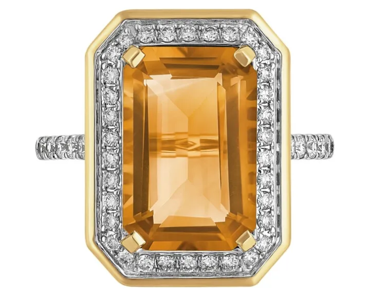 Pierścionek z żółtego złota z brylantami i cytrynem - próba 585