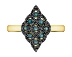 Pierścionek z żółtego złota z czarnymi brylantami i topazami London Blue - próba 585