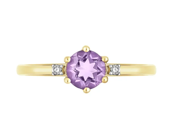 Pierścionek z żółtego złota z brylantami i ametystem - próba 375