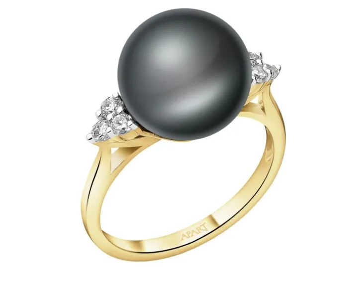 Pierścionek z żółtego złota z brylantami i perłą Tahiti - próba 585