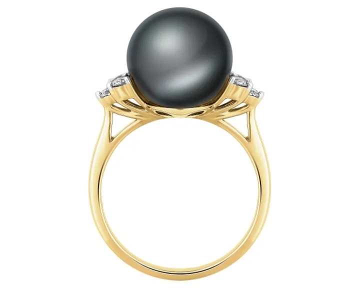 Pierścionek z żółtego złota z brylantami i perłą Tahiti - próba 585
