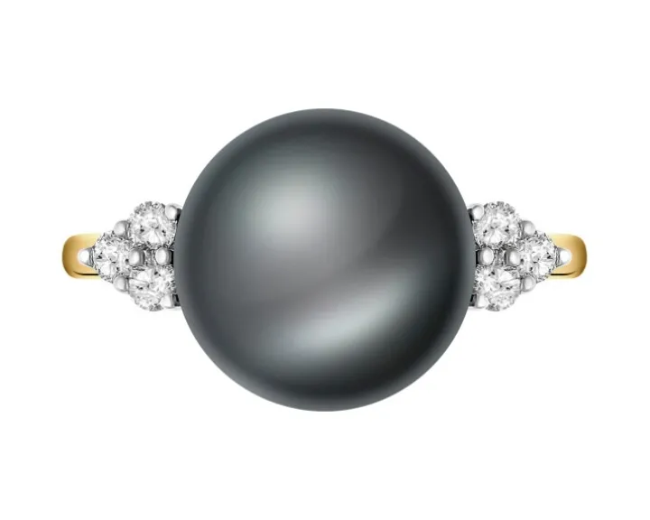Pierścionek z żółtego złota z brylantami i perłą Tahiti - próba 585