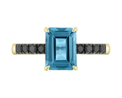 Pierścionek z żółtego złota z czarnymi brylantami i topazem London Blue - próba 585