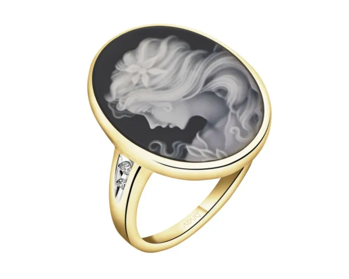 Pierścionek z żółtego złota z diamentami i agatem - kamea - próba 585
