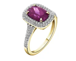 Pierścionek z żółtego złota z brylantami i rodolitem - próba 585